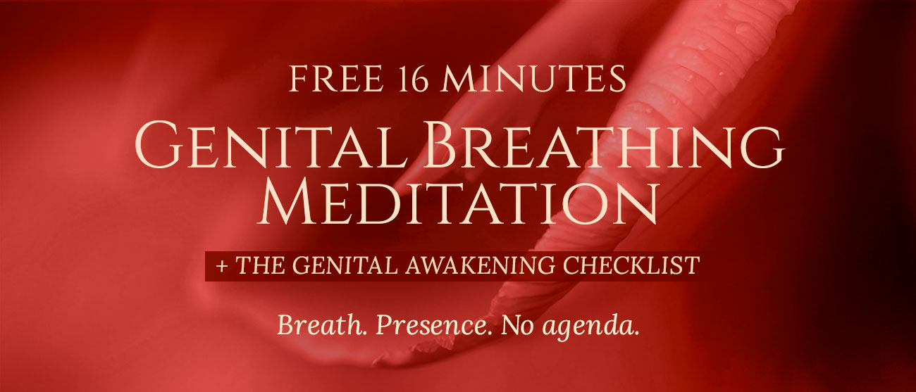 Promotional banner offering a free 16‑minute genital breathing meditation and awakening checklist with the slogan 'Breath. Presence. No agenda.'