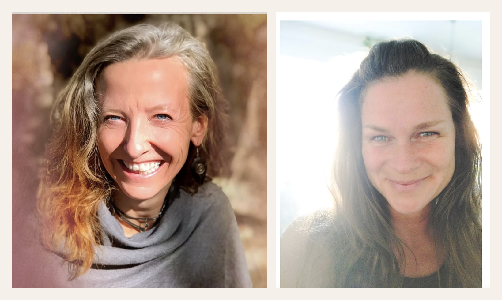 Two women smiling in a split-image: left is an older woman with gray-blonde hair and a gray sweater outdoors; right is a younger woman with long brown hair in bright sunlight.