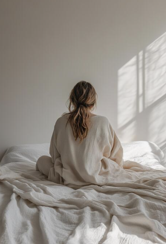 Back view of a person with a ponytail sitting on a white bed, wearing a cream sweater in a sunlit, minimal bedroom.