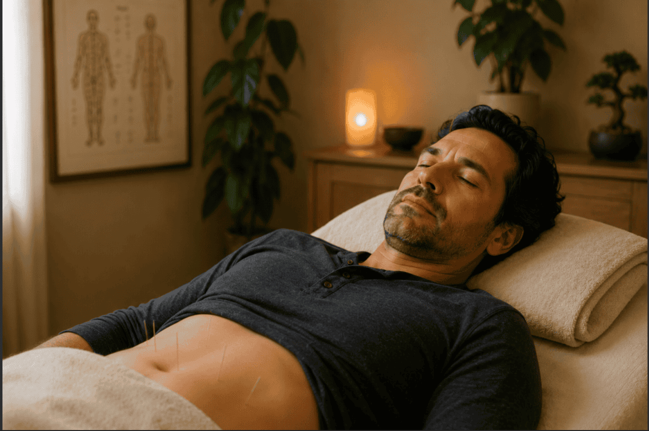 Man lying on a massage table with eyes closed; thin acupuncture needles inserted in his abdomen during a relaxing treatment in a warm, cozy room.