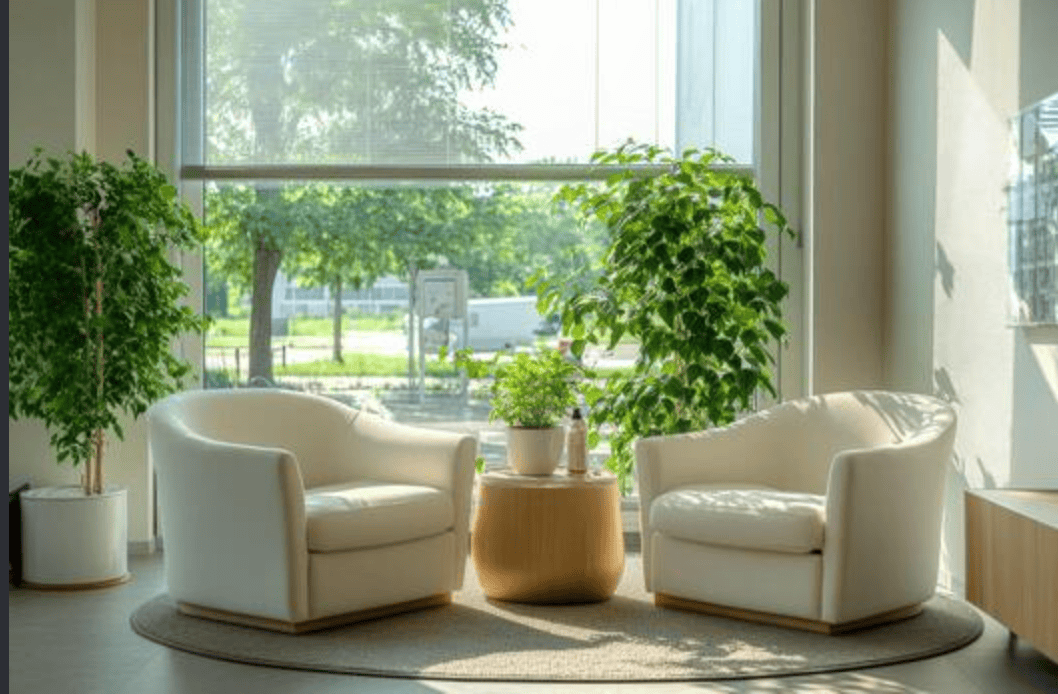 Bright lounge with two white armchairs around a round wooden table, potted plants, and large windows letting in sunlight.