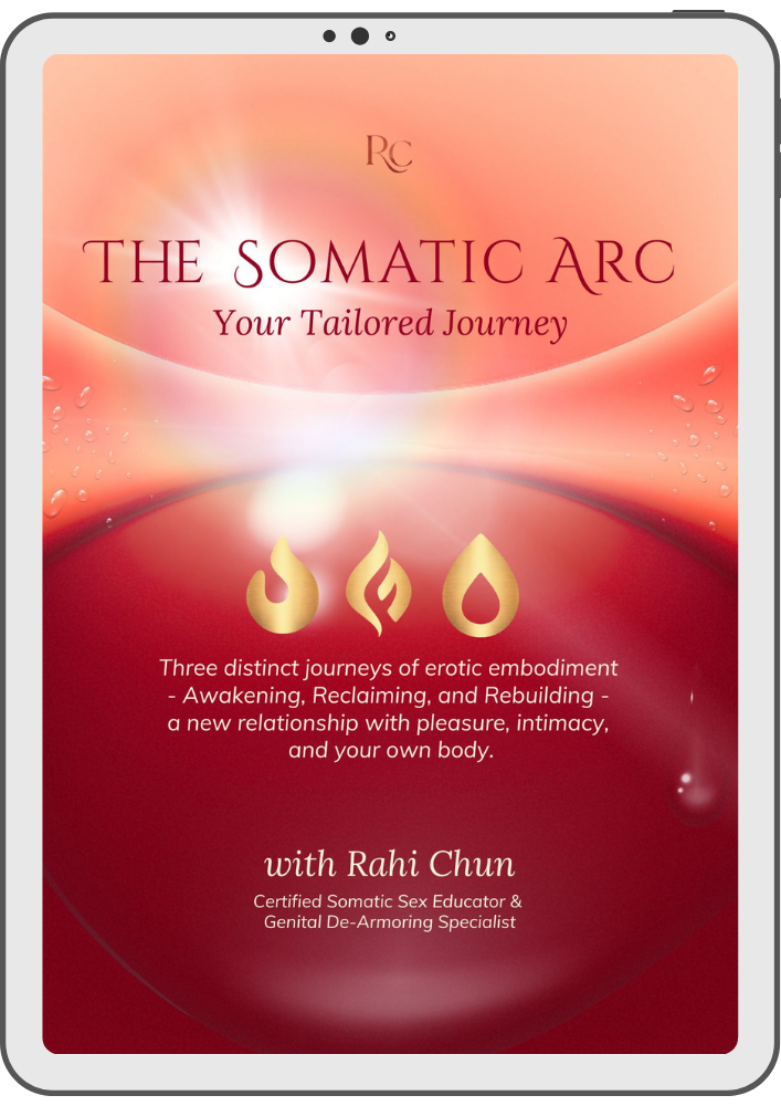 Poster for 'The Somatic Arc: Your Tailored Journey' with three gold flame-like symbols on a pink‑red gradient background, by Rahi Chun, Somatic Sex Educator & De-armoring Specialist.